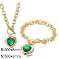 Golden heart jewelry set with green crystal pendant and OT buckle chain design - Gold 2-Piece Set - Green Gem (KS197639-Z)