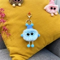 Detailansicht blauer Plüsch-Schlüsselanhänger mit Strickmütze und Sonnenbrille auf Gelb - Himmelblau