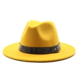 Detail of yellow fedora wool hat featuring dark grey snake skin band and gold metal button - M (56-58cm) / Yellow