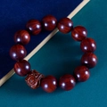 Polished red sandalwood beaded bracelet with intricately carved guardian lion head charm - Blood Sandalwood Guardian Lion 18mm * 13 Beads