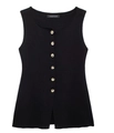 Close-up of black sleeveless knit top with six decorative gold metal buttons on the front - S / Black