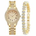 Luxury gold watch and bracelet set with sparkling crystals and Roman numeral dial - A1 Gold Set (Watch+Heart Bracelet)