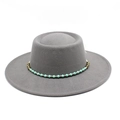 Detail of grey wide brim felt hat featuring turquoise and gold beaded band decoration - M (56-58cm) / Light Gray