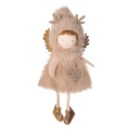 Plush Christmas angel ornament with reindeer horns and golden wings on a white background - Khaki