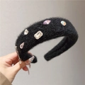 Detail of black plush headband featuring colorful rhinestone gems and a metal heart pendant - Headband / Black Rhinestone Headband