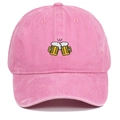 Close-up of pink washed cotton baseball cap with beer mugs embroidery detail - Adjustable / Pink