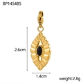Vue détaillée d'un pendentif ovale doré avec motif soleil, pierre noire et dimensions - Noir