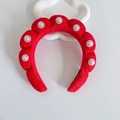 Red velvet padded headband with white pearls on a minimalist cloud prop - Red With Pearls