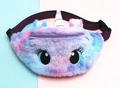 Close-up of fluffy unicorn waist bag with gradient tie-dye plush and embroidered eyes - Big Eyes - Violet
