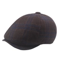 Plaid newsboy cap in brown wool blend with navy and orange checkered pattern - Adjustable / Coffee