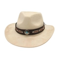 Ethnic style suede cowboy hat in beige with decorative turquoise metal buckle and studs - One Size / Beige (Turquoise Round Ornament)
