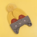 Yellow and grey knitted baby earflap hat with cute bear embroidery and pom-pom detail - Yellow Hooded Scarf