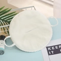 Round white plush tissue box cover with woven rope handles on a blue desk - Single Hole Ear Hanging With Twisted Edge