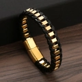Men's retro braided black leather bracelet with rectangular gold stainless steel clasp - Gold-19CM