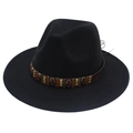 Detail of black wool fedora featuring a brown leather band with metal shells and beads - Black