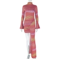 Detail of high neck long sleeve dress with geometric patterns and asymmetrical hemline - S / Red Floral/Multicolor