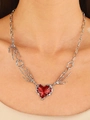 Gothic silver necklace with a red heart gem and skeleton hand design for women - Gothic Red Heart Skeleton Hand Necklace (N-475) / Silver