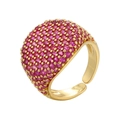 Detailed view of wide gold-plated open ring with micro-pave red cubic zirconia crystals - Adjustable Open / Gold-Rose Red Zirconia