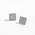Macro shot of silver square stud earrings with crystal pave settings on white background - Golden Flat Square Stud Earrings