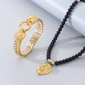 Men's 18K gold lion head bracelet set with 8mm black onyx beaded necklace set - 23cm Bracelet + Necklace Set