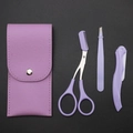 Purple eyebrow grooming set with folding razor, scissors, and tweezers in a PU pouch - Purple Eyebrow Grooming 3pcs Set
