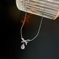 Pink zircon heart bow necklace with silver pendant for elegant women style - Silver Single Bowknot