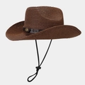 Classic dark brown straw cowboy hat with leather band and adjustable chin strap - Dark Brown