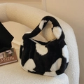 Plush shoulder handbag in black and white cow print pattern with soft texture - Heart-shaped Black // Great Deal