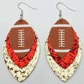 Detailed view of triple-layered faux leather football earrings with red and gold glitter - Style 11-Brown Football Red Gold Glitter