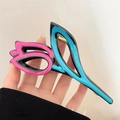 Pink tulip hair claw clip with blue leaves and black outlines for elegant hairstyling - Tulip Style / 13cm / Pale Blue