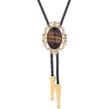 Detailed close-up of tiger eye bolo tie with crown pattern and braided leather cord - 8 (Gold with Tiger Eye)