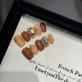 Handmade press-on nails set with red marble patterns, gold foil, and crystal rhinestones - 2334-Extra Short Coffin / Extra Small (XS)