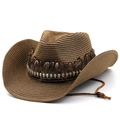 Chapeau de cowboy en paille marron avec garniture en plumes et perles tête de mort - café