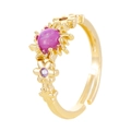 Elegant gold open ring featuring a pink opal sun flower design and purple zircon stones - KC Gold Pink Purple Opal Sun Flower (N-880)