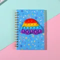 A5 spiral notebook with blue car-shaped rainbow pop-it fidget toy on a colorful cover - Car