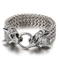 Silver Viking bracelet with dual wolf heads and metal ring clasp for men - Wolf Head / Steel