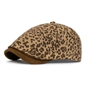 Vintage leopard print beret with brown suede brim and retro button top detail - Adjustable / Khaki