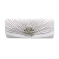 Elegant silver satin pleated evening clutch bag with sparkling rhinestone flower clasp - Silver