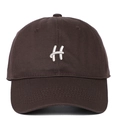 Close-up of white letter H embroidery on a dark brown cotton twill baseball cap - Coffee
