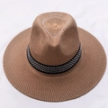 Cappello fedora uomo in paglia traspirante marrone chiaro con nastro geometrico - Cachi