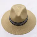 Men's light brown breathable straw fedora hat with geometric pattern decorative band - Khaki