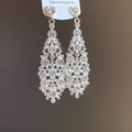 Sparkling silver diamond irregular rhombus drop earrings on white display card - Clear Rhinestone Long Style / Silver/Clear