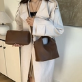 Brown litchi grain leather bucket bag set with matching small zipper pouch - Brown