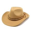 Close-up of camel wool cowboy hat featuring a brown braided leather band and tassel detail - M(56-58cm) / Camel