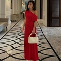 Elegant red one-shoulder ruched maxi dress with slimming fit and draped details - Red