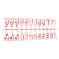 Roze press-on nagels met kersenrode lippen, strikjes en parels in lange kistvorm - 24 Stuks Strip Verpakking (C1-13875)