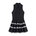 Mouwloze zwarte gelaagde mini-jurk met witte kant en een klassieke polokraag - XS / Zwart