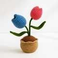 Handmade crochet potted plant with pink and blue tulips in a brown knitted pot - Double-head Tulip