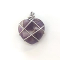 Purple heart-shaped amethyst stone pendant wrapped in silver wire with white textures - Amethyst