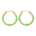 Bohemian gold bamboo hoop earrings with green and orange enamel accents on white background - Grass Green Orange Yellow
